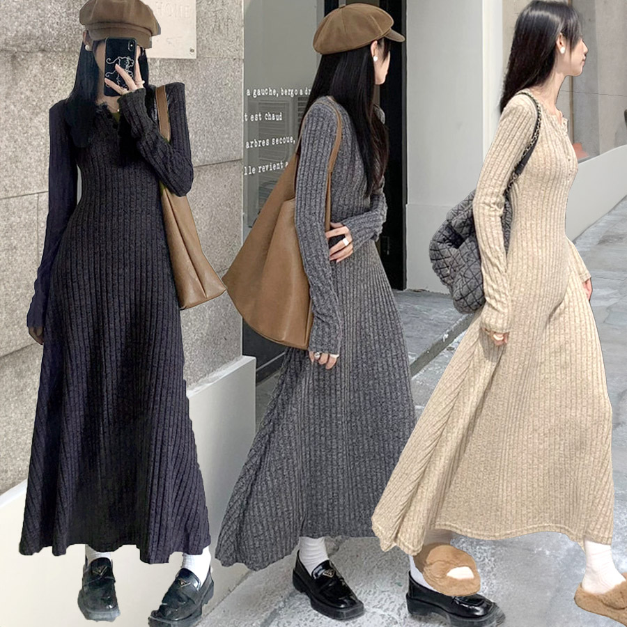 リブニットワンピース レディース 起毛 ニットワンピース ロング リブニット ロングワンピース ニット ワンピース 長袖 マキシ丈ワンピース タイト Vネット きれいめ 秋冬 春 タイトワン あったか