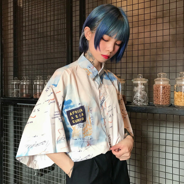 柄シャツ シャツ レディース 長袖 おしゃれ オーバーサイズ 大きいサイズ リラックス 派手 航海 地図柄 五分袖 総柄 プリント ビッグシルエット カジュアル ダンス 衣装 ヒップホップ トップス柄