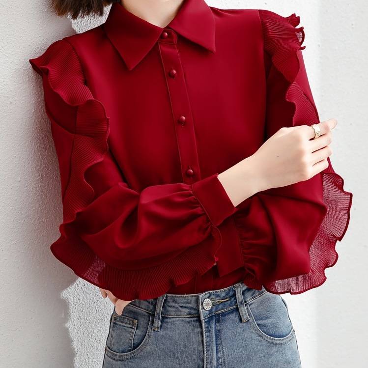シフォン フリル トップス レディース 長袖 シャツ カラバリ 3色 レッド グリーン ピンク S M L XL 2XL 3XL大きいサイズ ブラウス きれいめ スリム ポロ襟シフォン フリル トップ